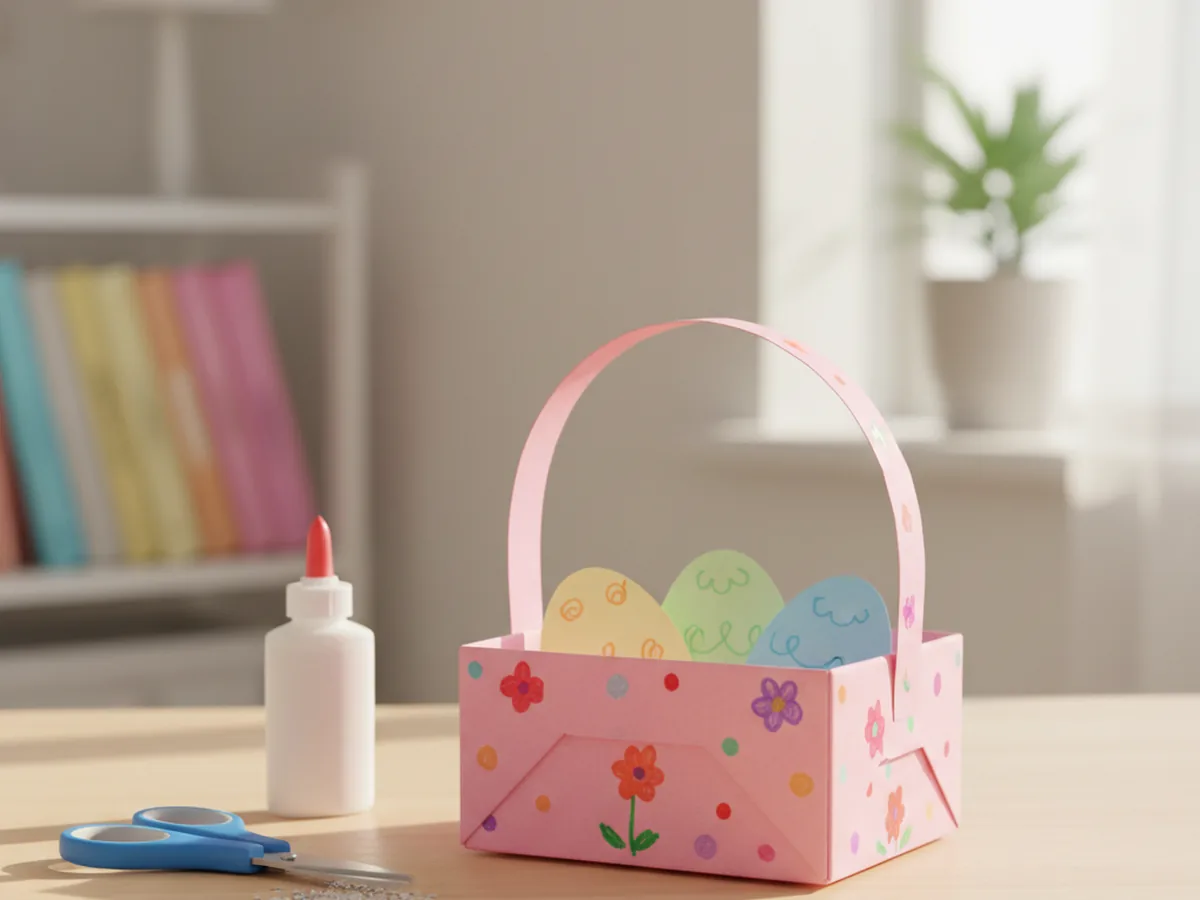 Handmade colorful paper Easter basket decorated with flower stickers and a paper handle