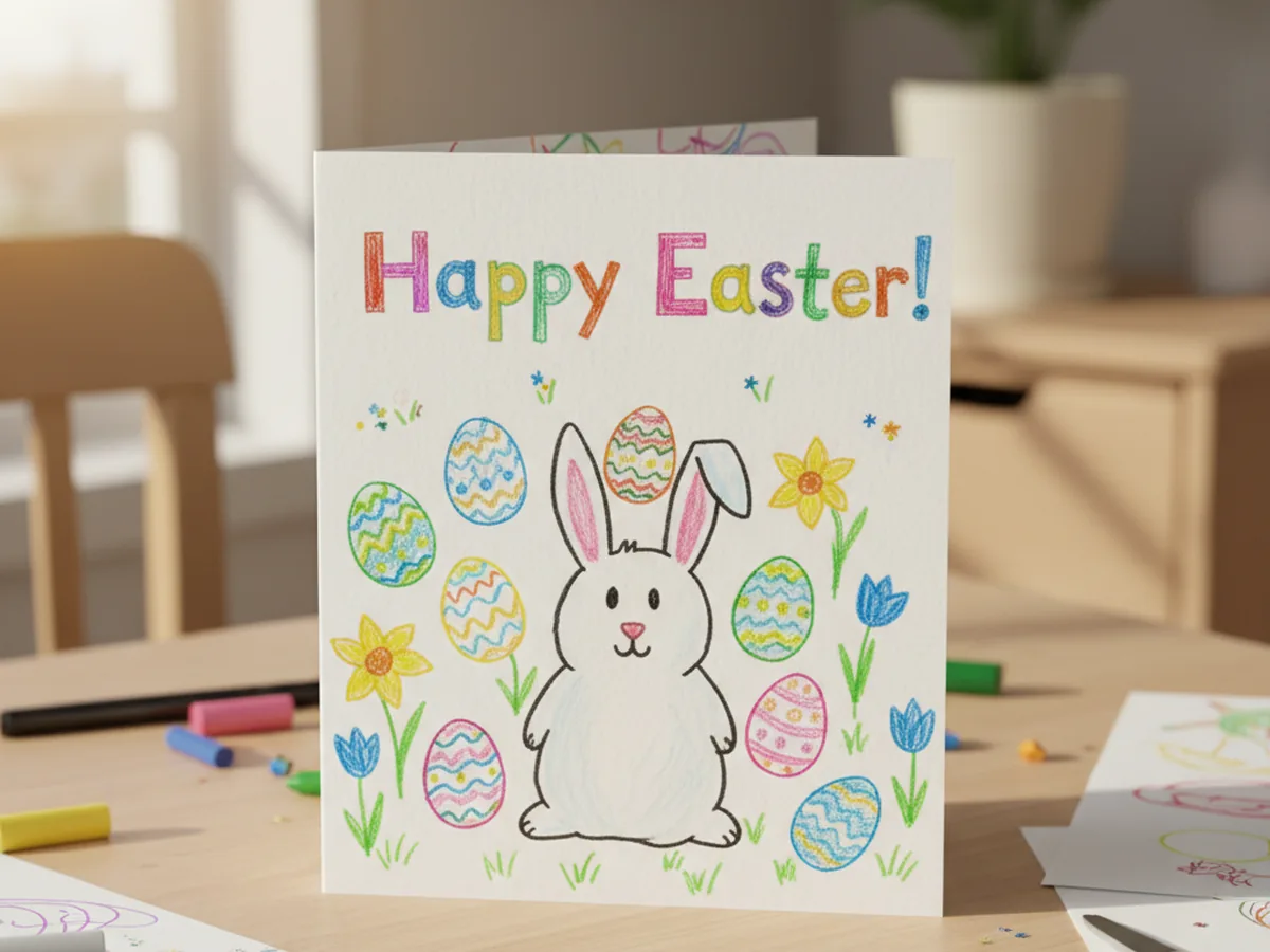 Handmade paper Easter greeting card decorated with a bunny and spring flowers on a craft table
