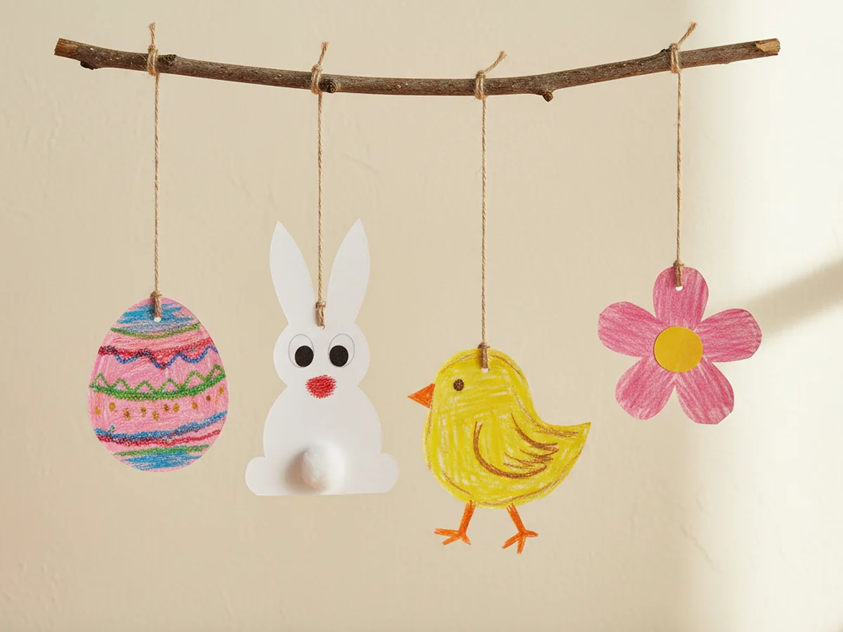 Handmade paper Easter mobile with eggs bunnies and chicks hanging from a wooden stick