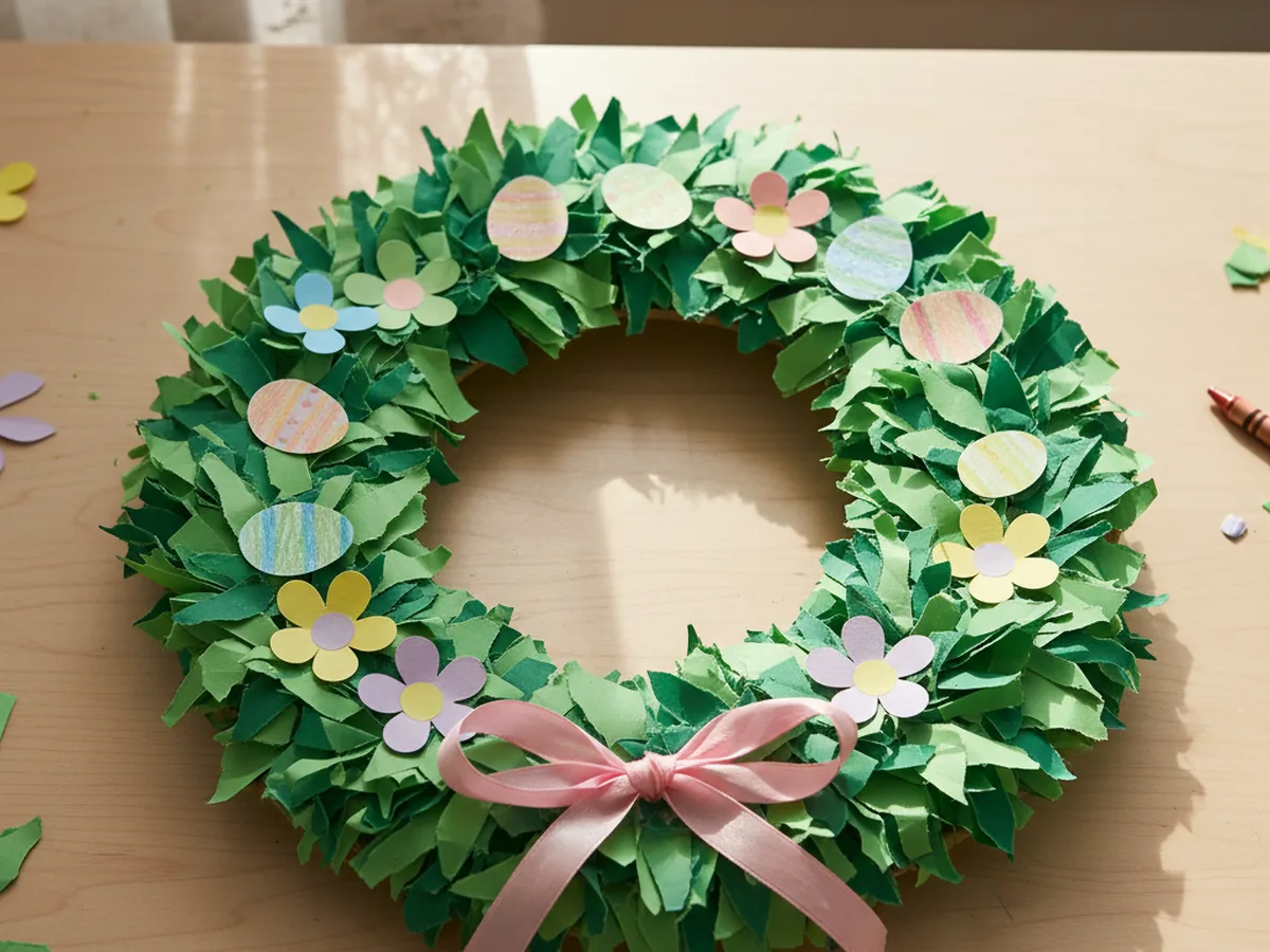 Handmade paper Easter wreath decorated with paper flowers, eggs, and a ribbon bow