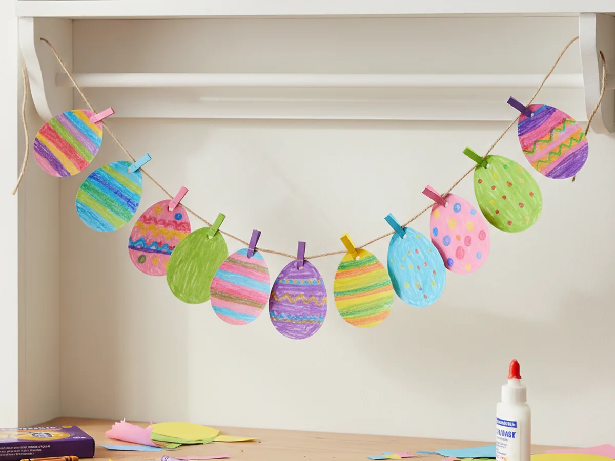 Handmade colorful paper Easter egg garland hung on twine with eggs decorated in bright patterns