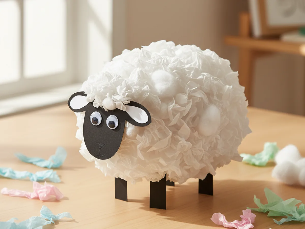 Handmade paper lamb with a fluffy white body made from crumpled paper pieces and black paper legs