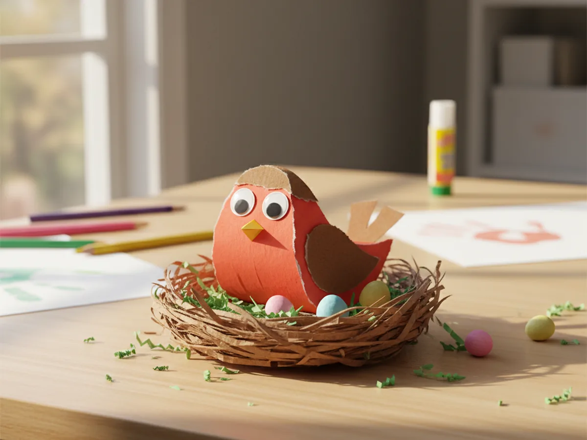 Handmade paper robin bird sitting in a torn-paper nest on a spring craft table