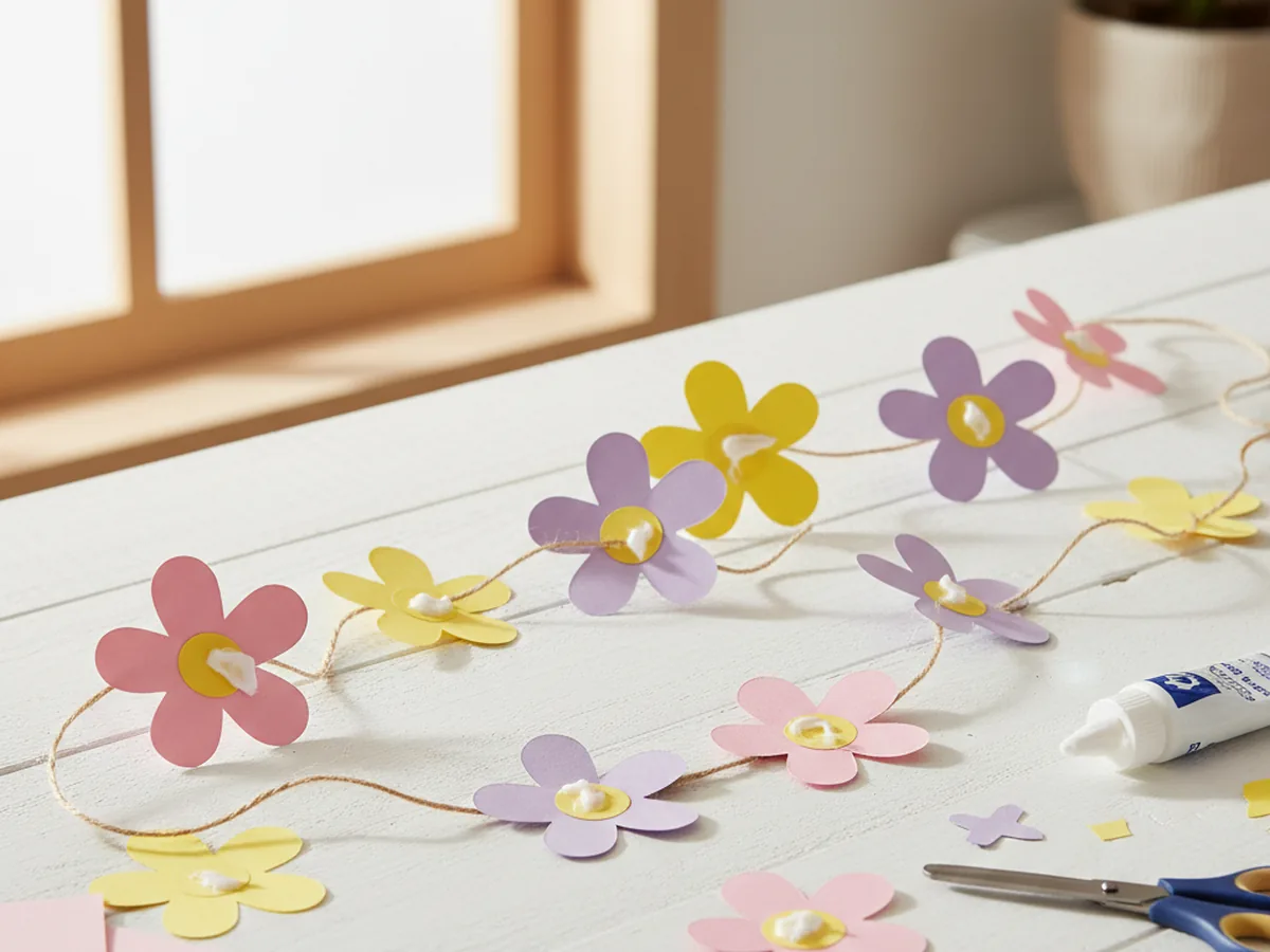 Handmade paper spring flower garland in pink yellow and purple strung on twine