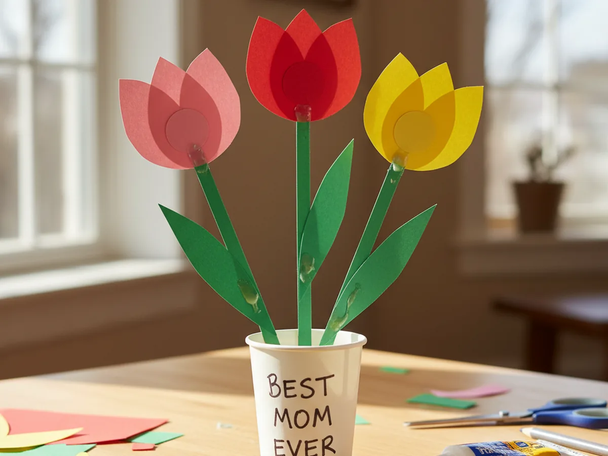 Handmade paper tulip flowers with pink petals and green stems arranged in a paper cup vase
