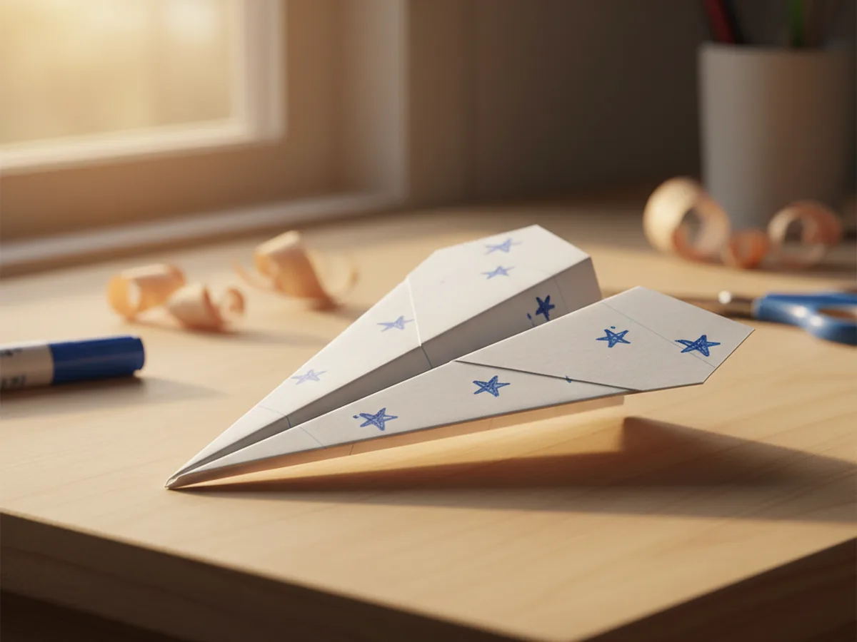 A neatly folded paper airplane made from white paper sitting on a light wood surface, ready to fly