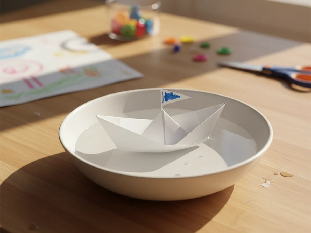 A handmade origami paper boat folded from white paper floating in a shallow blue dish of water on a wooden table