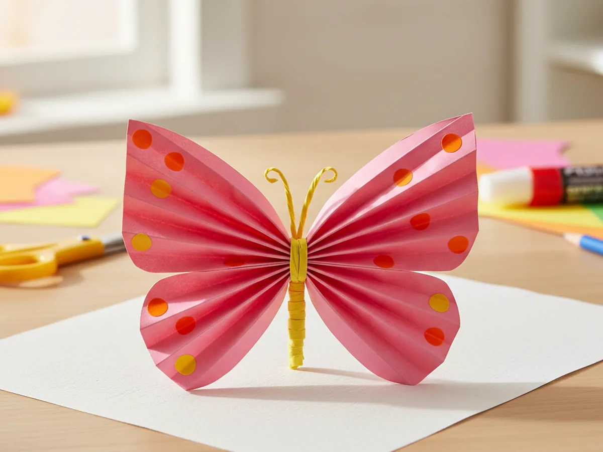 A handmade paper butterfly with accordion-folded colorful wings pinched in the center with a twist, displayed on a white surface
