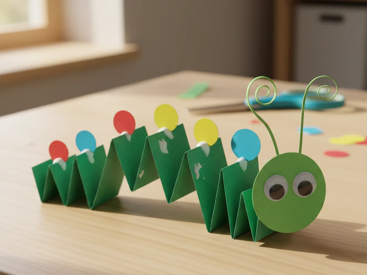 A handmade paper caterpillar with colorful circle body segments, googly eyes, and curled paper antennae lying on a craft table