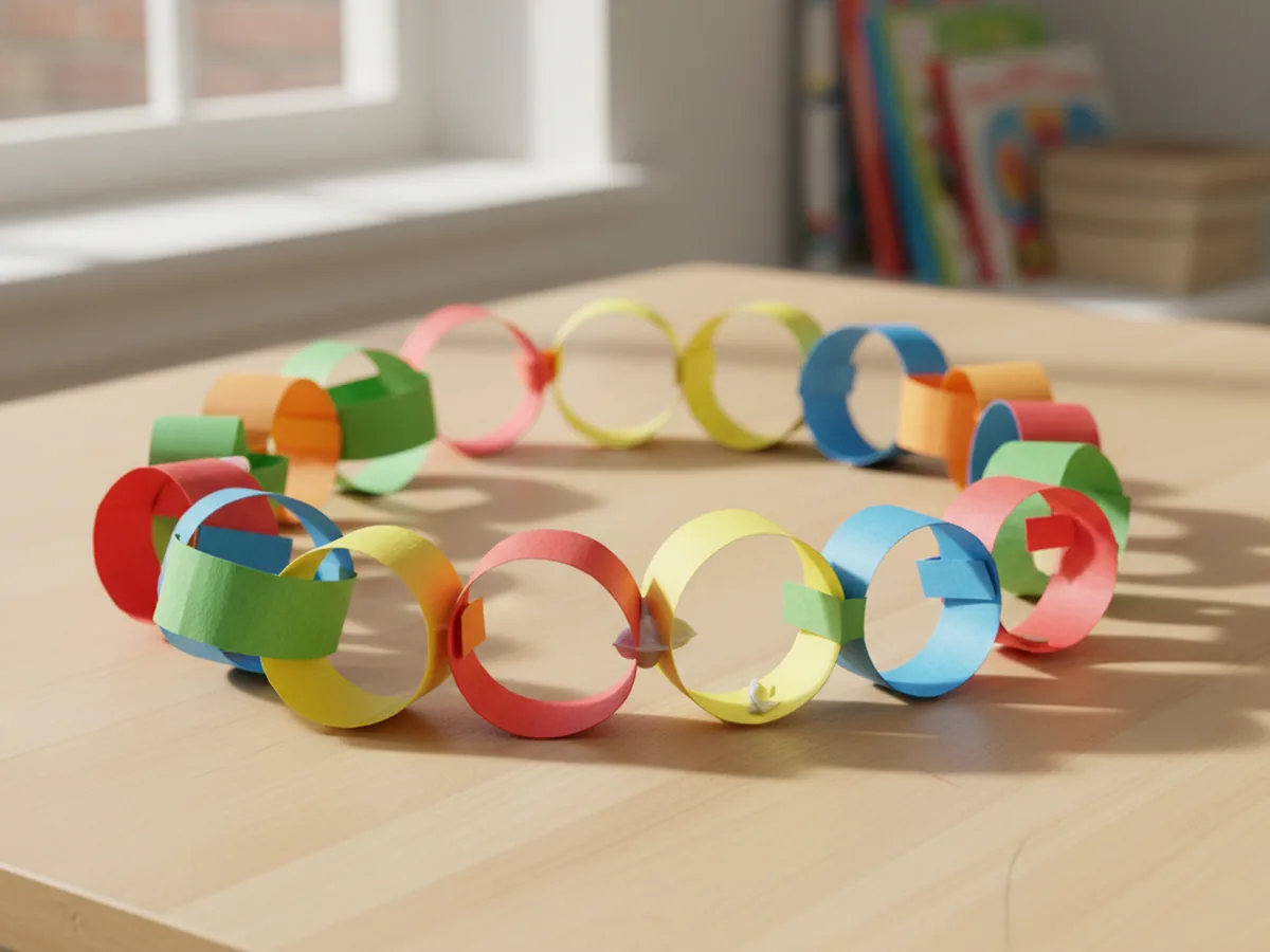 A colorful paper chain garland made from linked loops of red, blue, yellow, and green construction paper strips