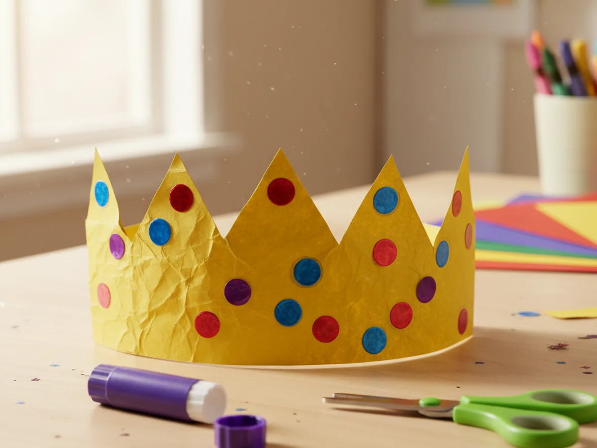 A handmade yellow paper crown with zigzag points decorated with colorful marker gems, sitting on a craft table