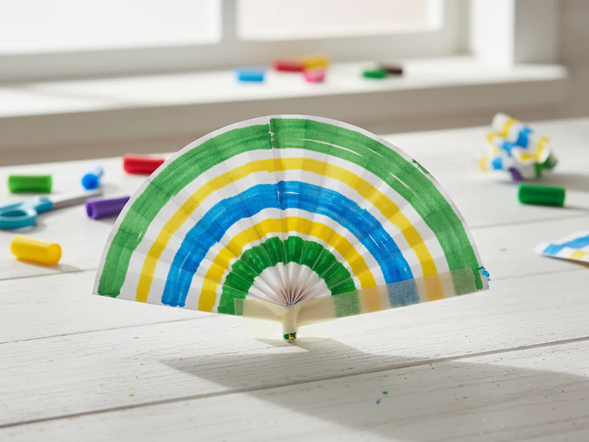 A handmade accordion-folded paper fan with colorful stripes, held open to show its full rounded shape on a craft table