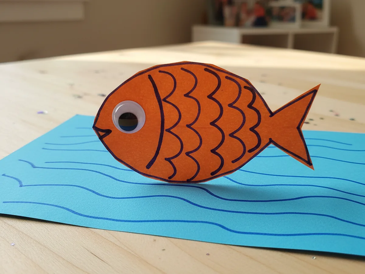 A handmade paper fish with an orange oval body, triangle tail, marker scale pattern, and a googly eye, on a blue paper background