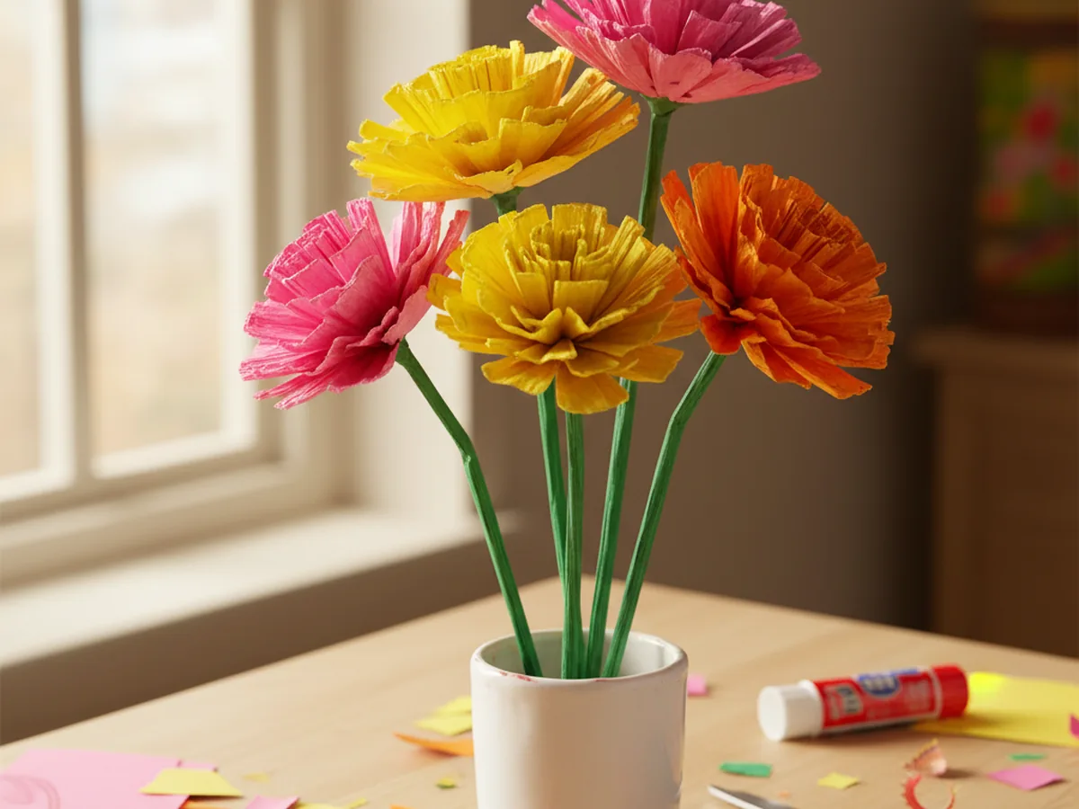 A handmade paper flower bouquet with colorful layered petals and green stems standing in a small cup on a craft table