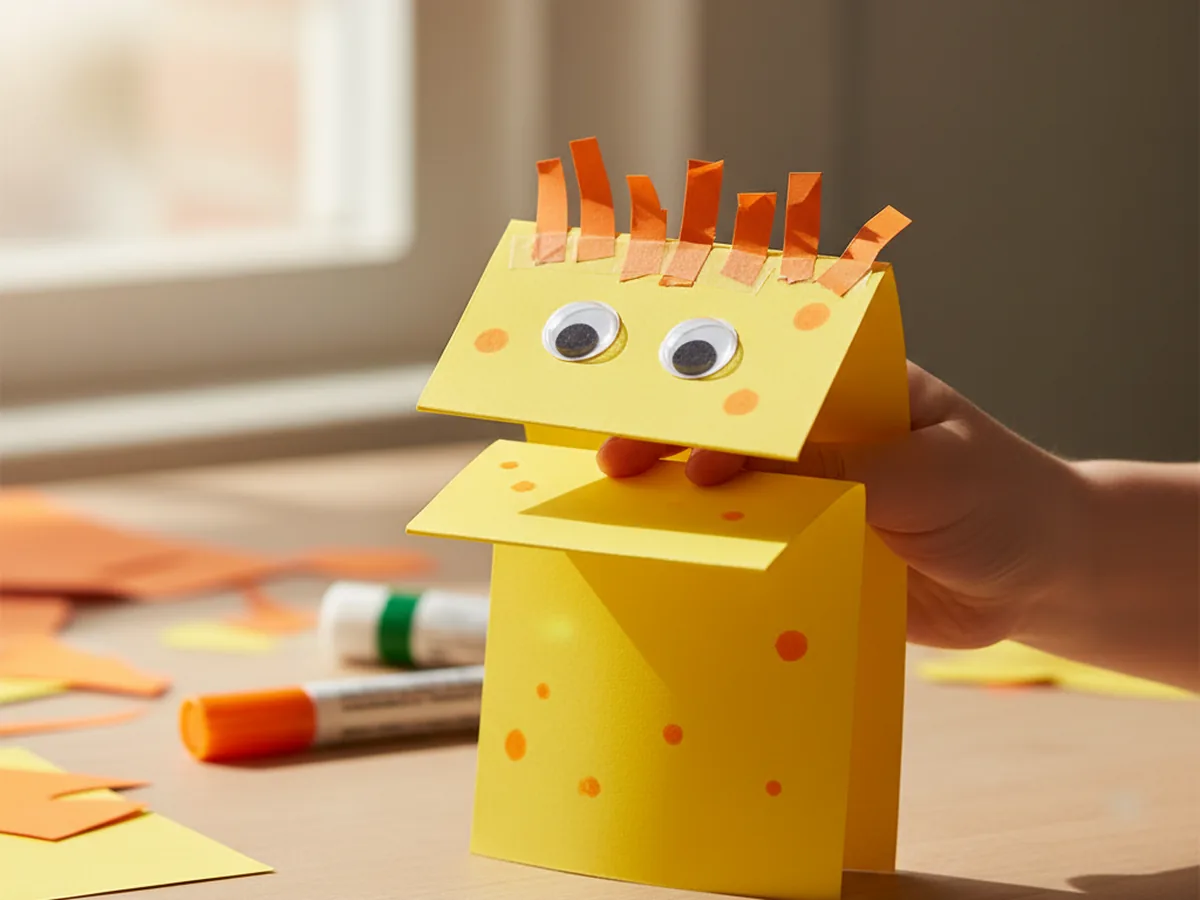 A handmade paper hand puppet with a folded beak opening, decorated with googly eyes and paper feathers in bright colors, held open by fingers