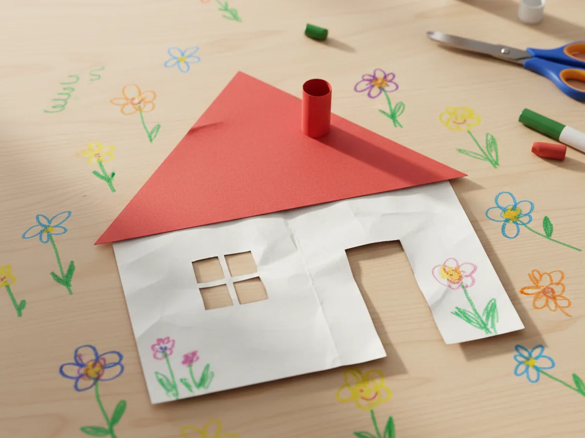 A handmade paper house with a red cardstock roof, white walls, cut-out windows, and a marker-drawn front door and flowers on a craft table