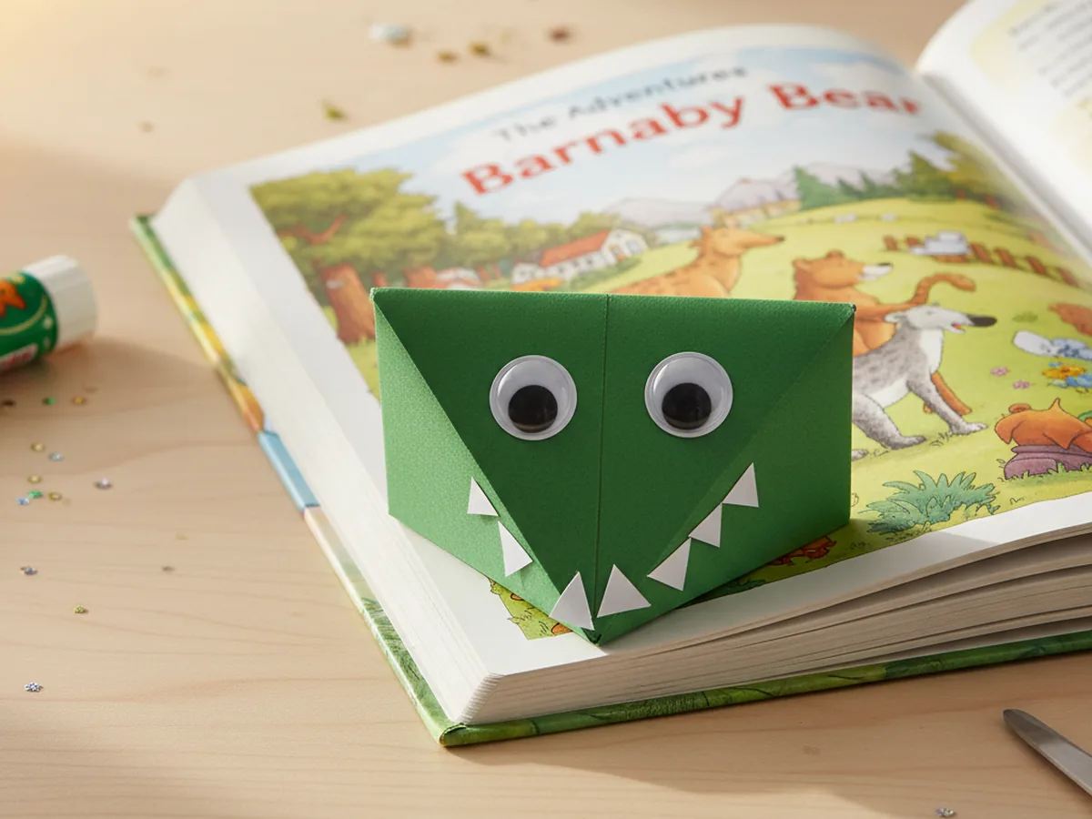 A handmade paper monster bookmark folded from green paper with googly eyes and white paper triangle teeth, clipped onto the corner of an open book