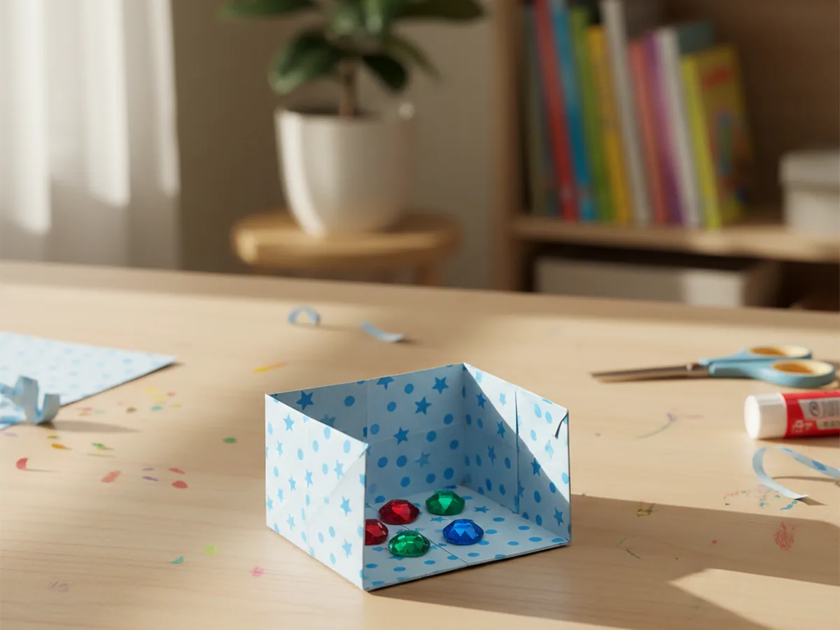 A small open origami box folded from a square of blue patterned paper, sitting on a wooden surface with a few small items inside