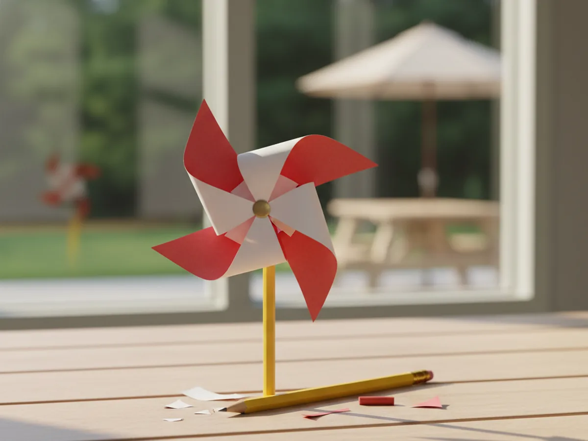 A handmade paper pinwheel with alternating red and white triangular sections mounted on a pencil, photographed outdoors