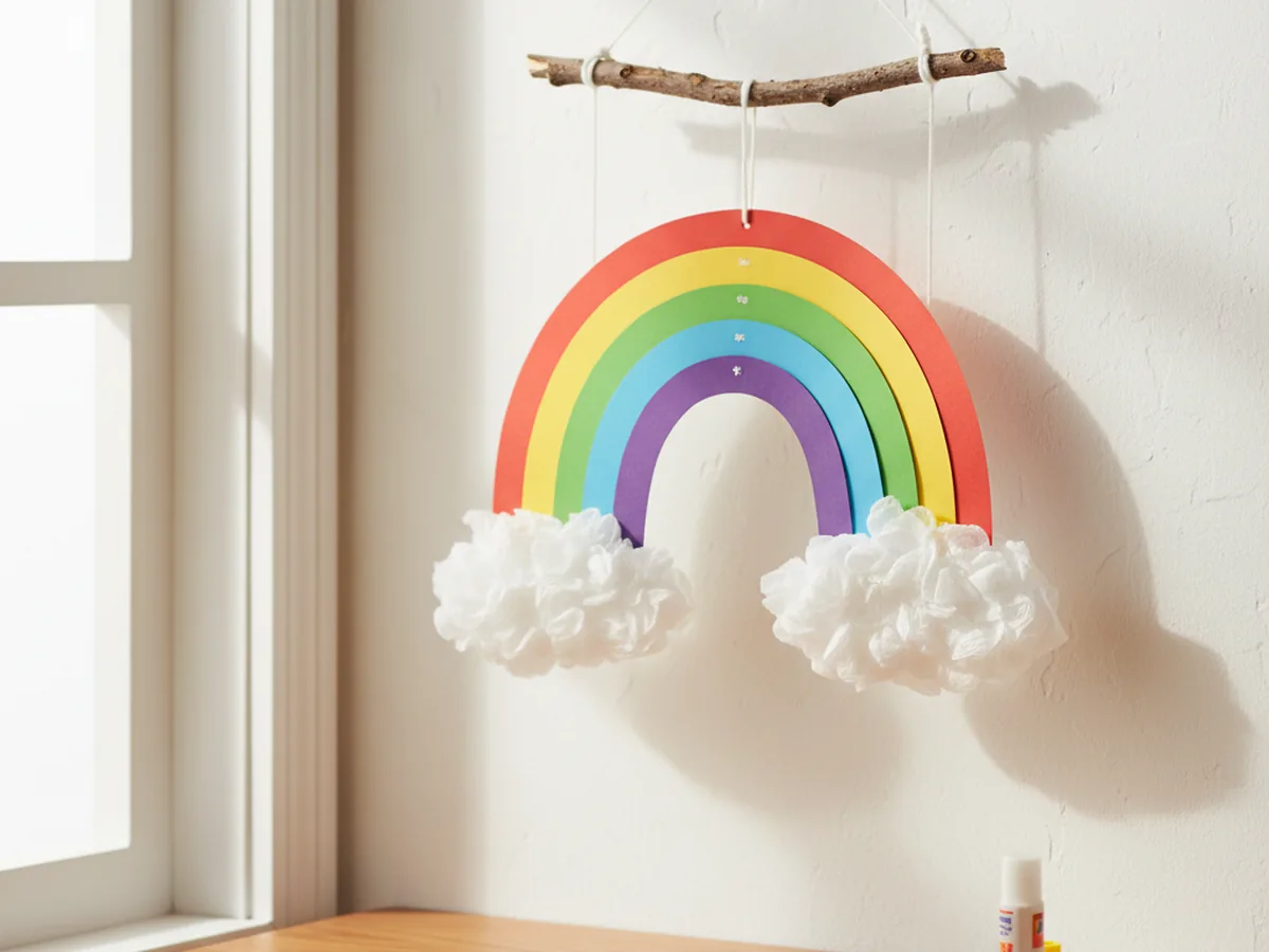 A hanging paper rainbow mobile with arched colored strips in red, orange, yellow, green, blue, and violet, suspended from a small twig with white cloud shapes on each side