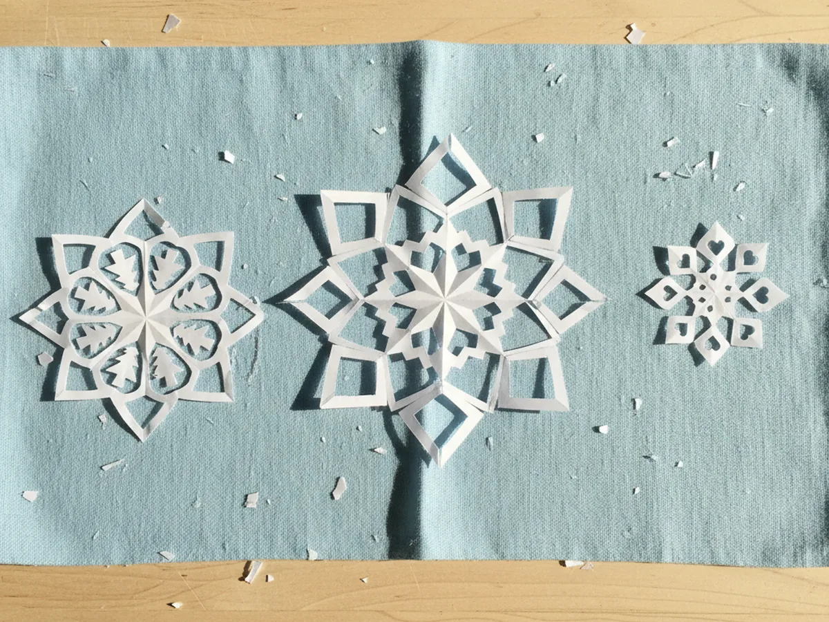 Several white paper snowflakes with delicate cut patterns unfolded and spread on a light blue background