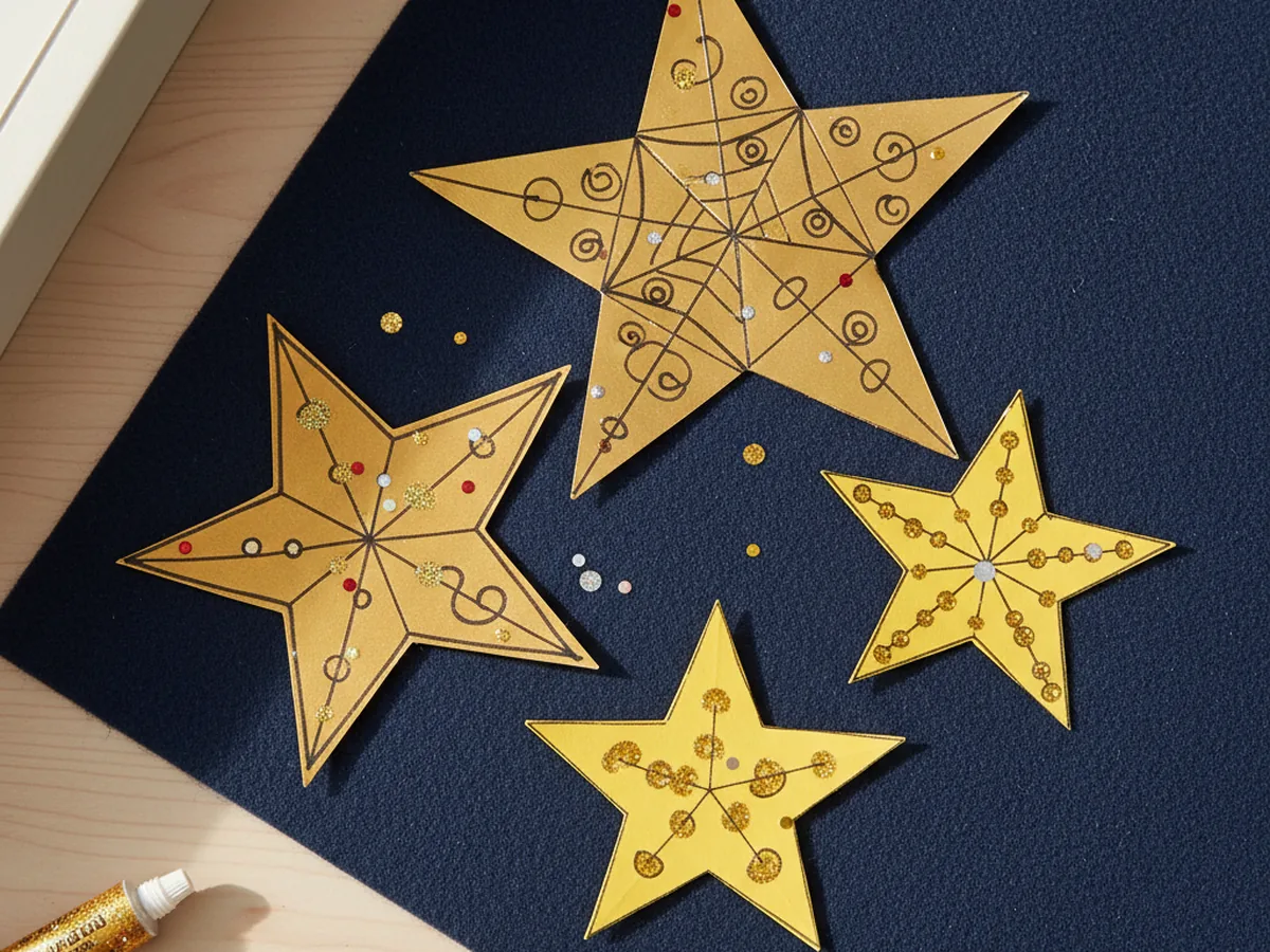 Several handmade gold paper stars of different sizes decorated with marker and glitter glue, arranged on a dark blue background
