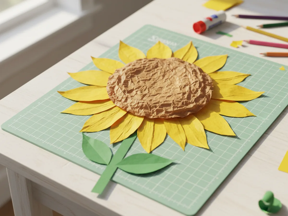 A handmade paper sunflower with yellow petals surrounding a brown crinkled paper center, lying flat on a green craft surface