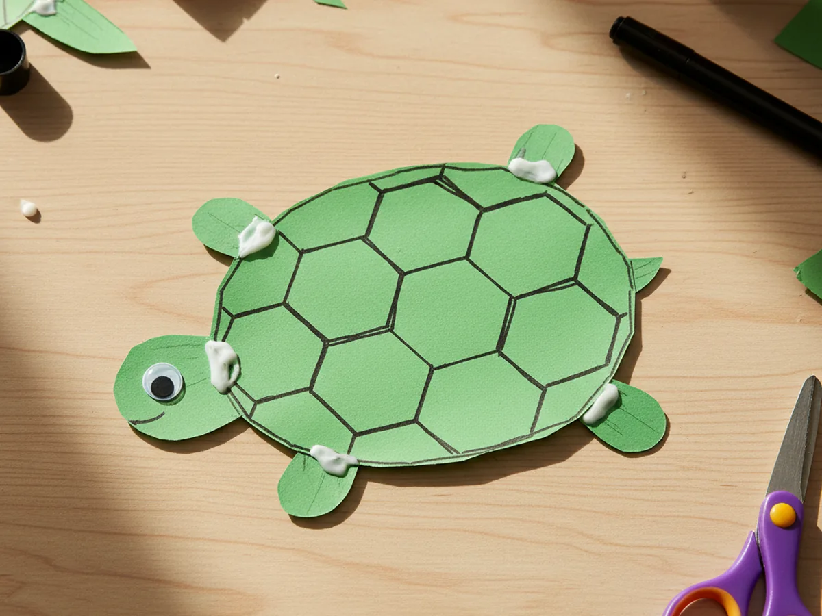 A handmade paper turtle with a green oval shell decorated with a marker grid pattern and four rounded legs, on a craft table