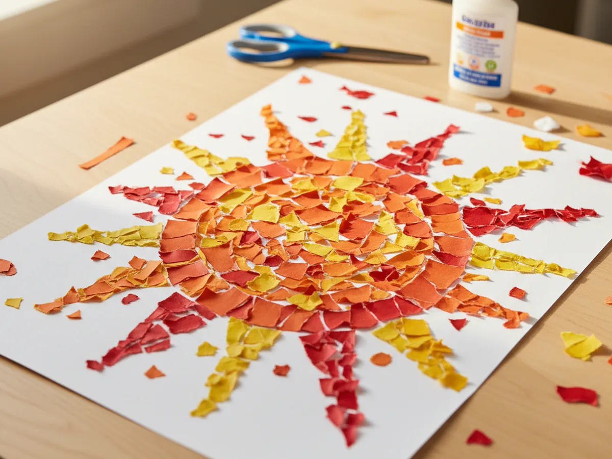 A colorful torn paper mosaic showing a simple sun shape made from tiny torn pieces of red, orange, and yellow construction paper glued onto white cardstock