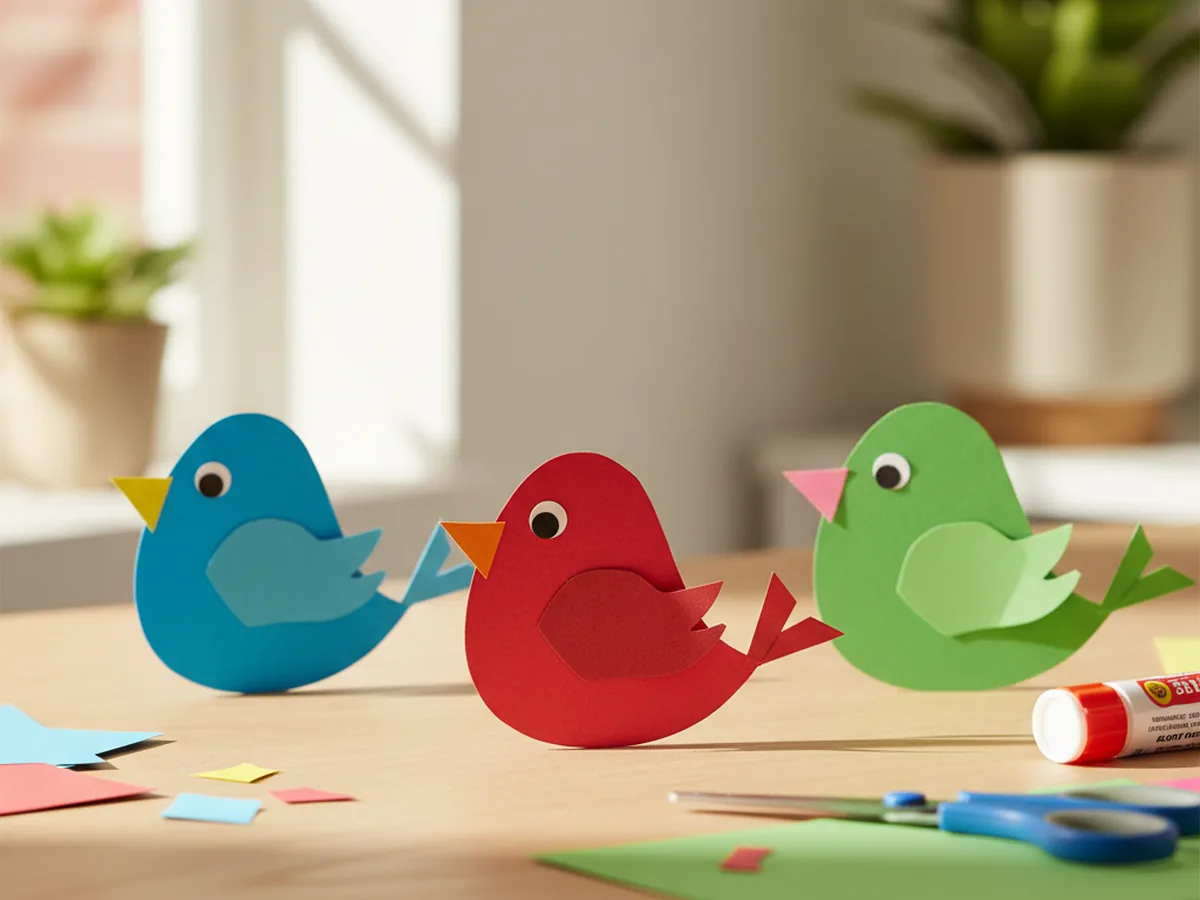Handmade construction paper bird with colorful body, triangle beak, and small wing on a craft table