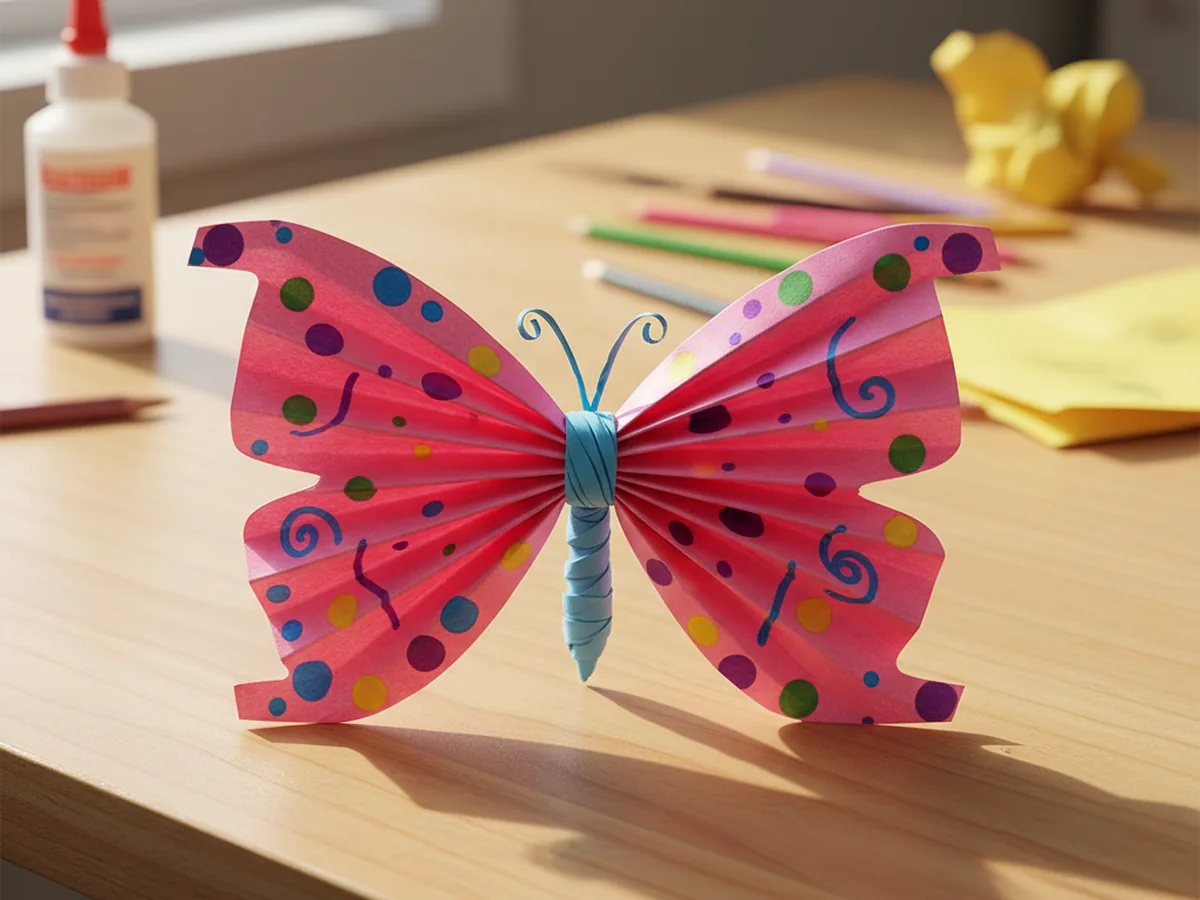 Handmade construction paper butterfly with accordion-folded colorful wings on a craft table