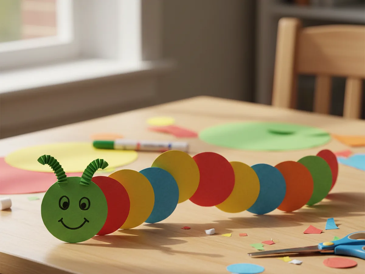 Handmade construction paper caterpillar with colorful circle body segments and a friendly face