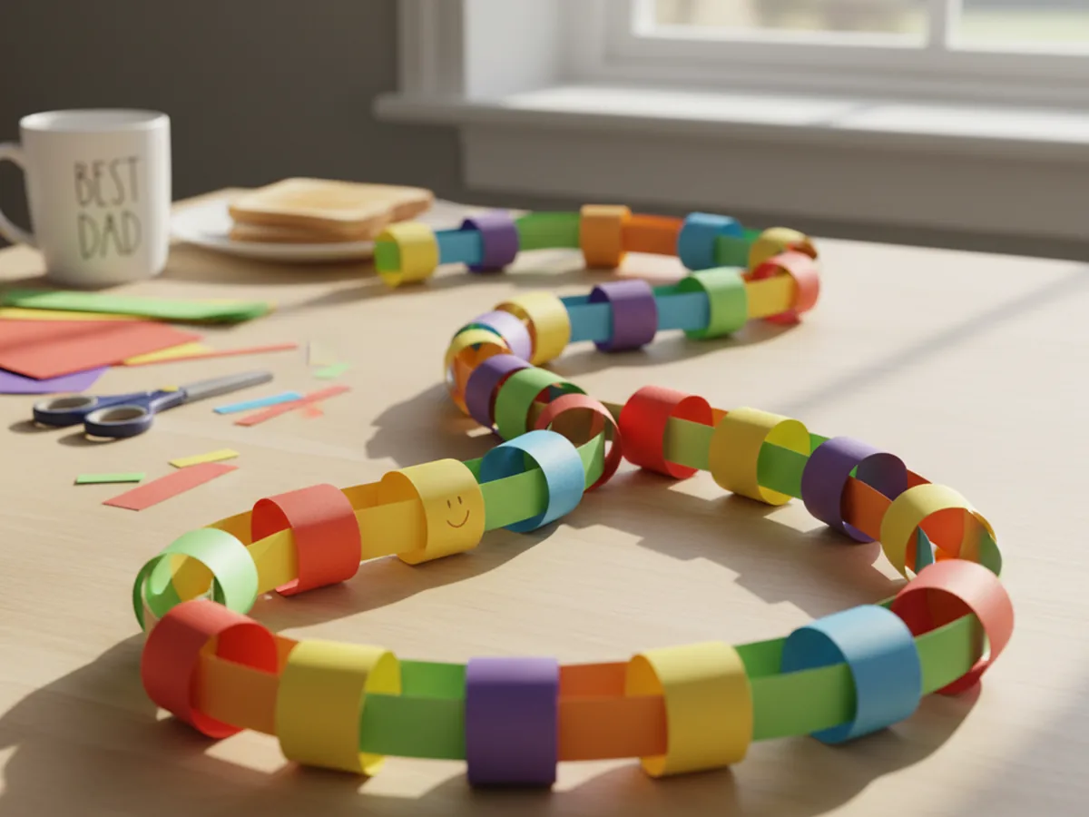 Handmade colorful construction paper chain garland with linked rainbow rings on a craft table