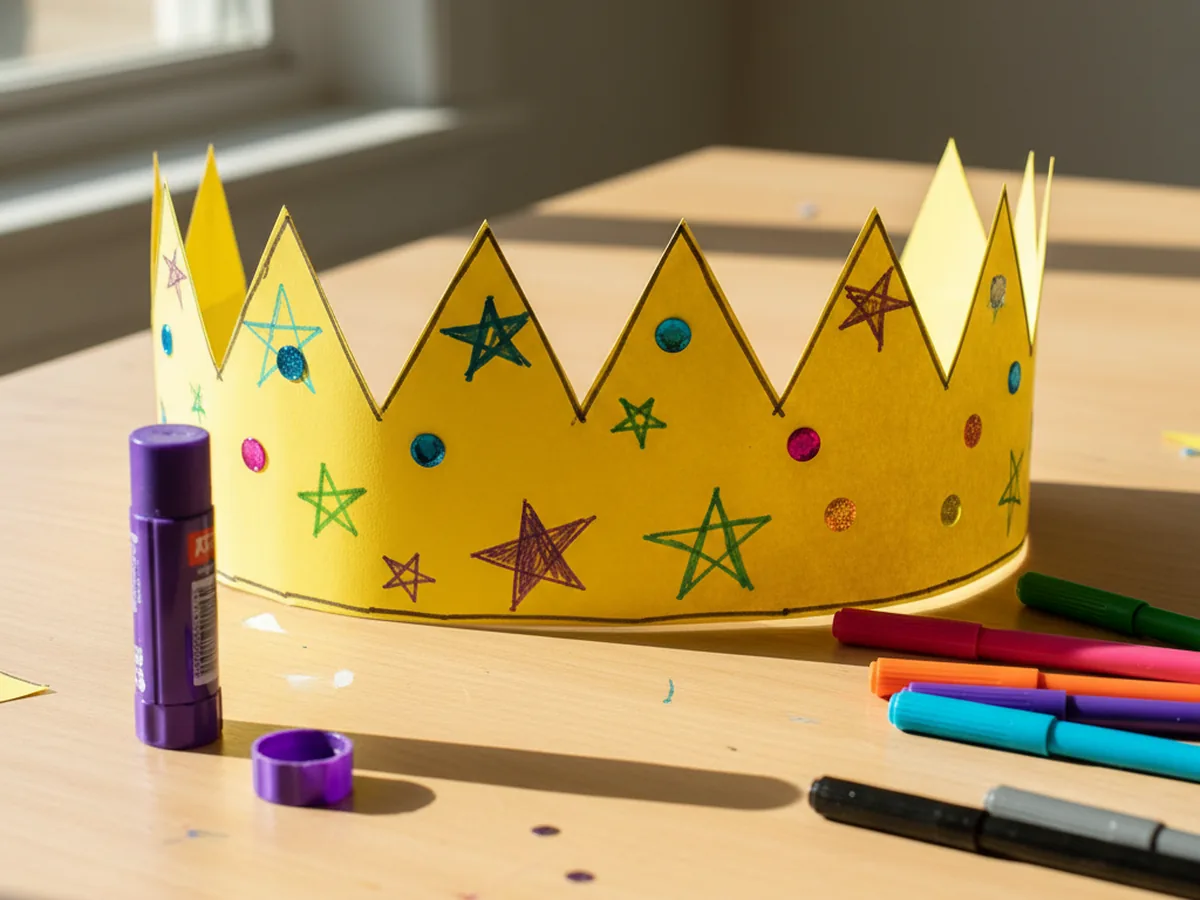 Handmade construction paper crown with zigzag points decorated with markers and gem stickers