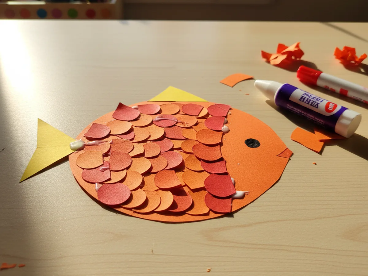 Handmade construction paper fish with bright oval body, triangle tail, and overlapping paper scales
