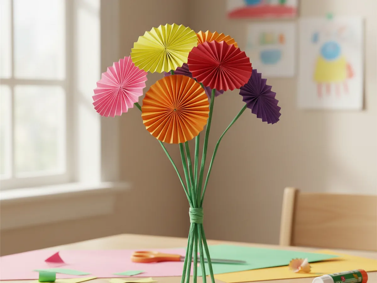 Handmade construction paper flower bouquet with colorful fan-folded blooms and green paper stems