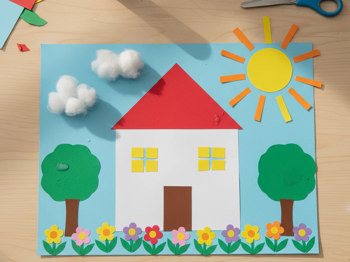 Handmade construction paper house scene collage with house, sun, clouds, and flowers on blue background