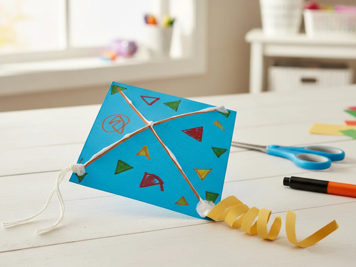Handmade construction paper kite with diamond shape, colorful paper tail, and marker decorations