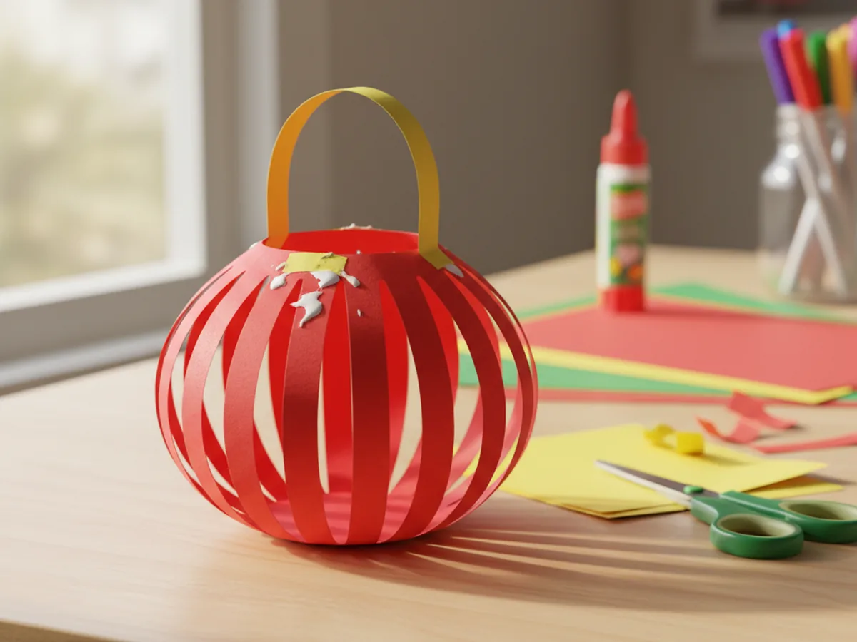Handmade construction paper lantern with slit pattern and paper handle resting on a craft table