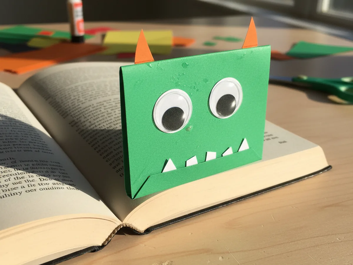 Handmade construction paper monster corner bookmark with googly eyes and paper teeth on book corner