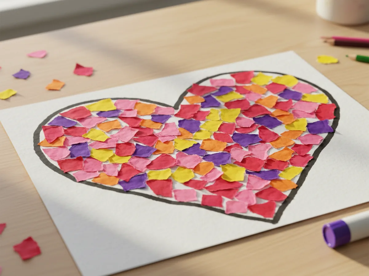 Handmade torn paper mosaic with colorful construction paper pieces filling a bold heart shape