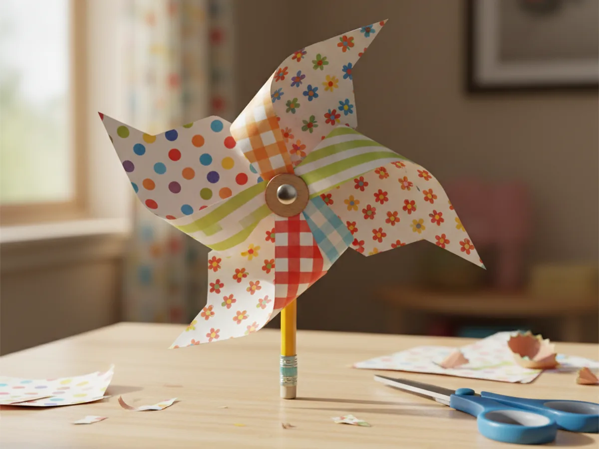 Handmade construction paper pinwheel with colorful folded paper segments attached to a pencil stick