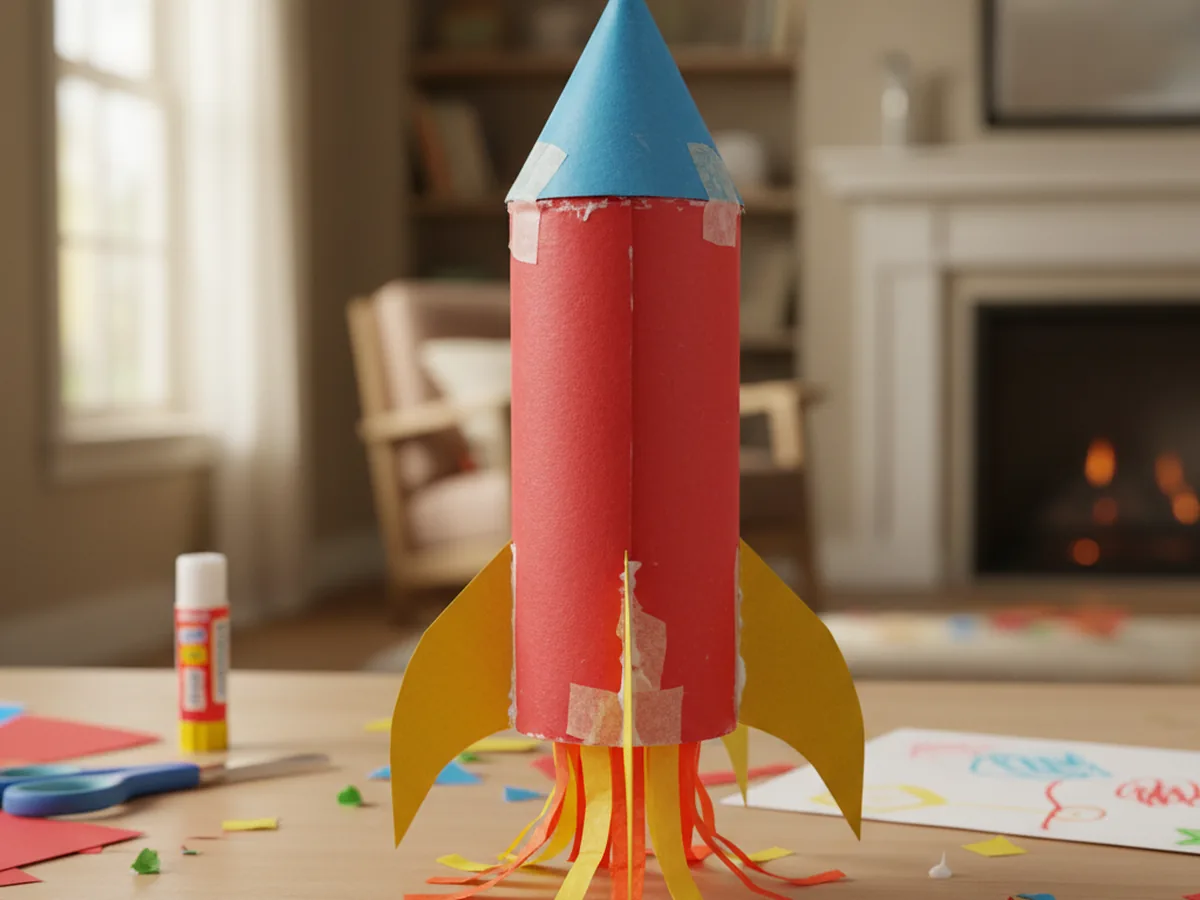 Handmade construction paper rocket ship with paper cylinder body, cone nose, fins, and flame strips