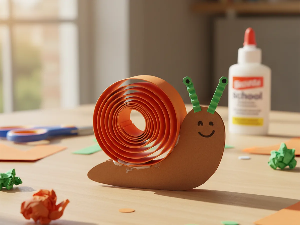Handmade construction paper snail with coiled paper spiral shell and friendly face on craft table