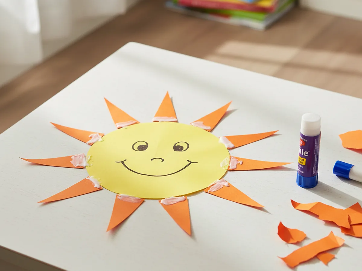 Handmade construction paper sun with yellow circle center and triangle rays and a smiley face