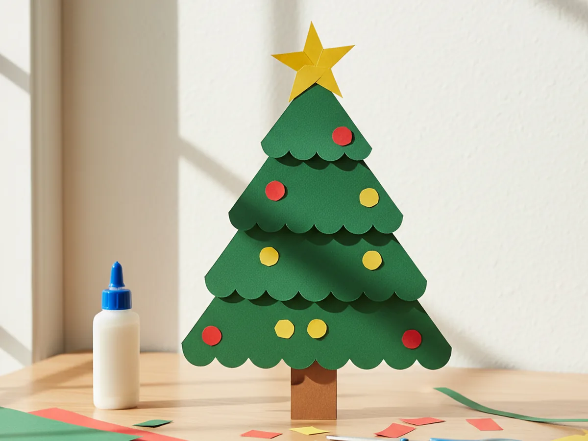 Handmade construction paper tree with three stacked green triangle tiers and a brown paper trunk