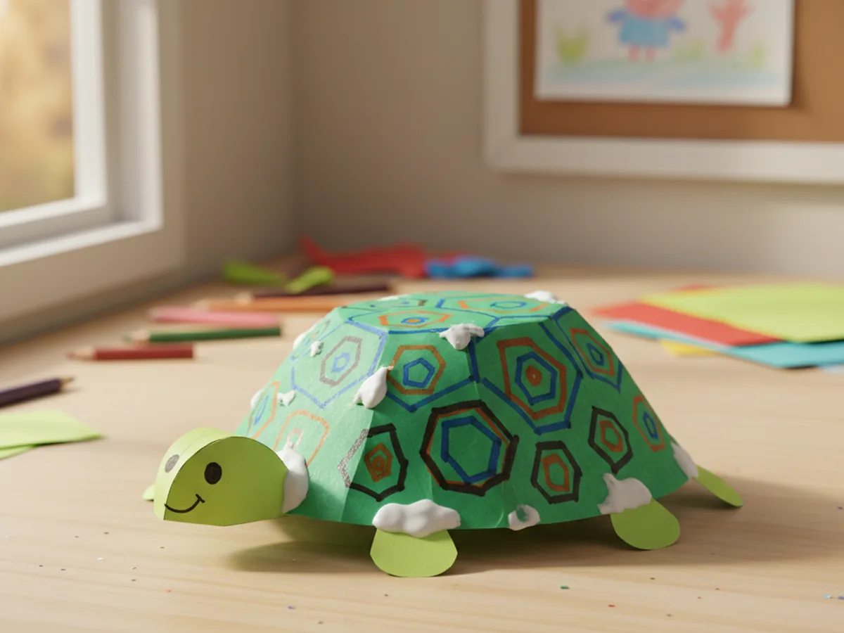 Handmade construction paper turtle with green oval shell, small head, and four legs on a craft table