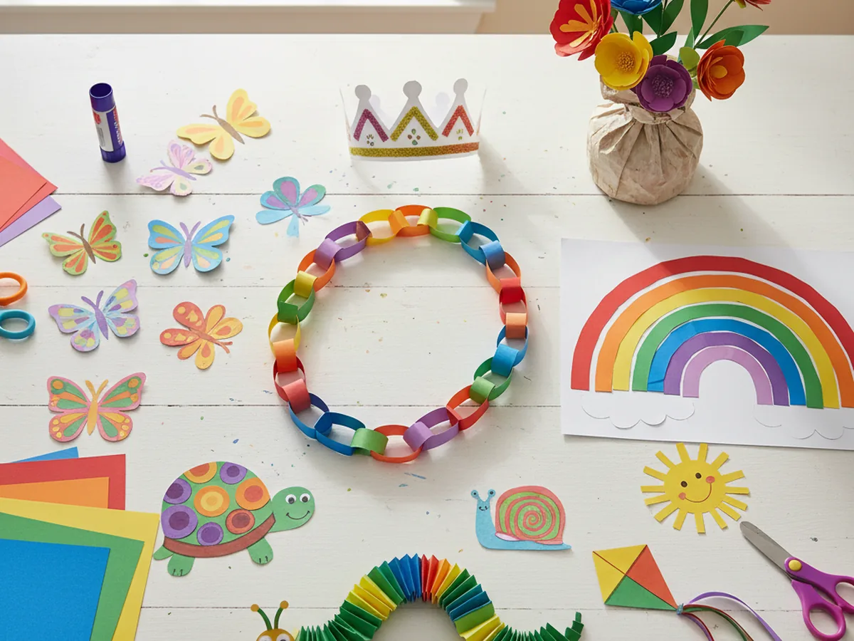A colorful spread of 20 easy crafts using construction paper displayed on a craft table