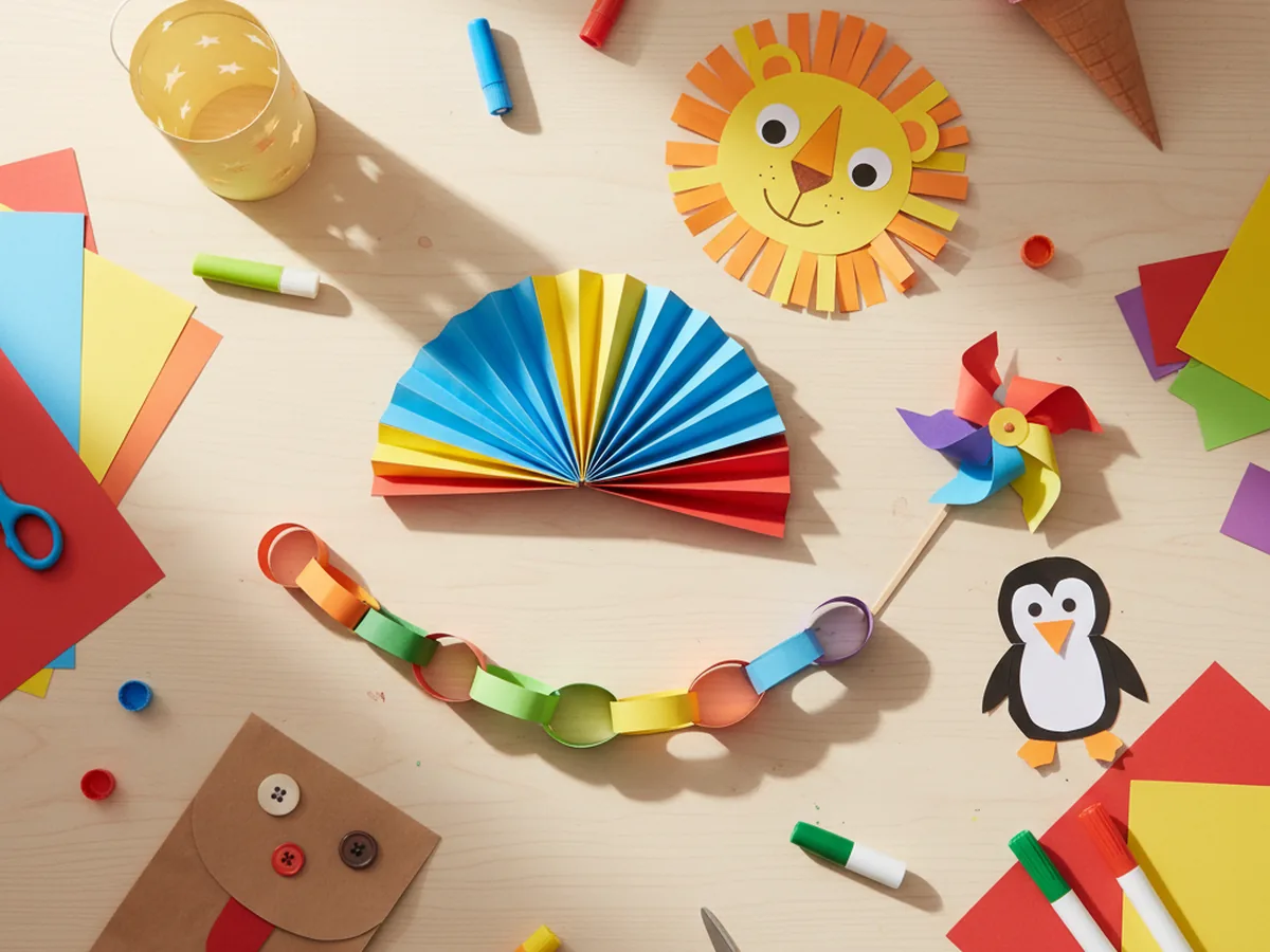 A colorful spread of easy paper craft ideas on a craft table including pinwheels fans paper animals and garlands