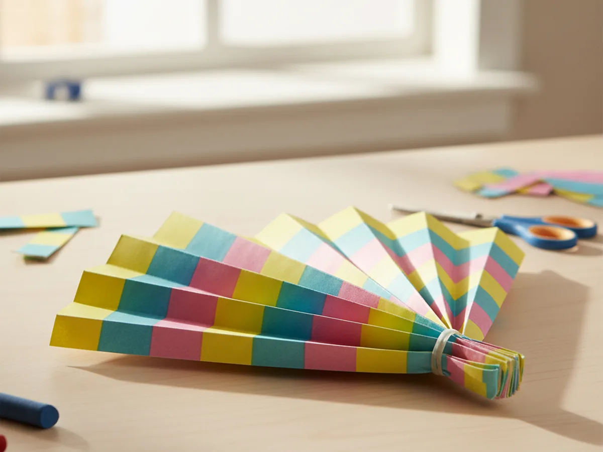 A handmade paper accordion fan with colorful stripes folded from a decorated sheet of paper on a craft table